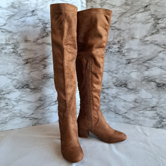 Women's Suede Over The Knee Block Heeled Camel Boots With Lace Up Back Size 8 - Picture 5 of 16